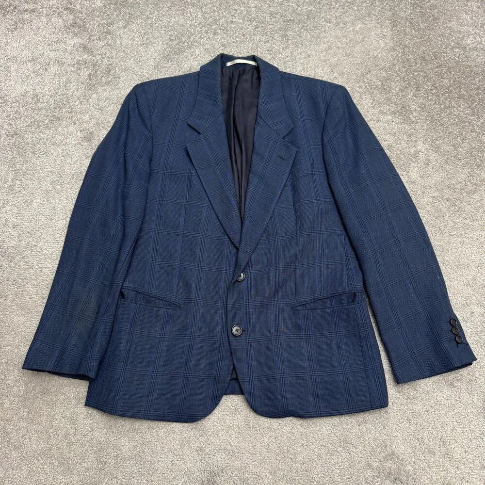 Vintage 80s Boss Hugo Boss Corleone Wool Suit Blazer Jacket Mens 38S Blue Plaid
